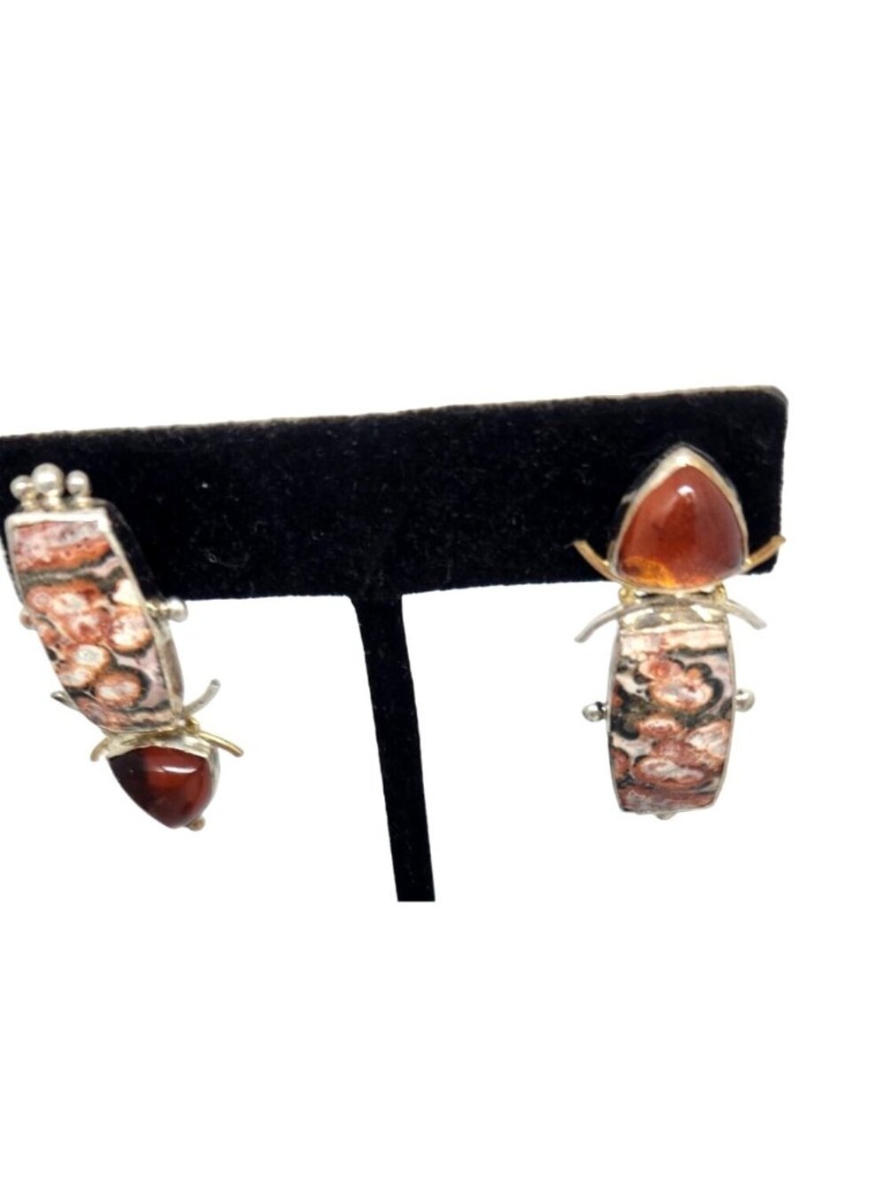 Earrings Amber & Jasper Earrings 9.3 gr  925 Silver 14k Gold Silver Post 40mm x